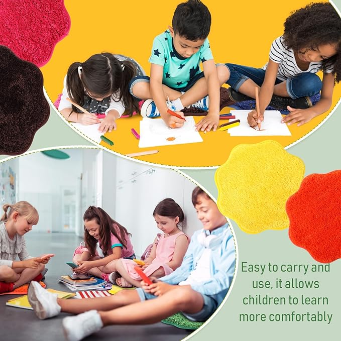 Nuogo 10 Pieces Kids Crazy Carpet Circle Seats Rainbow Floor Rug Mats Warm Colorful Soft Floor Cushions for Home School Classroom Story Time Group Activity Spot Marker Play Areas (Flower)