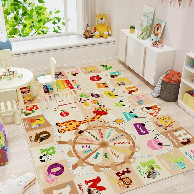Kids Playroom Rug 4x6 Beige Rugs for Girls Bedroom Child Play Mat Educational and Fun Baby Care Rugs,Learning Rug with ABC Alphabets Animals Shapes No-Slip Carpets for Children Toddler Washable