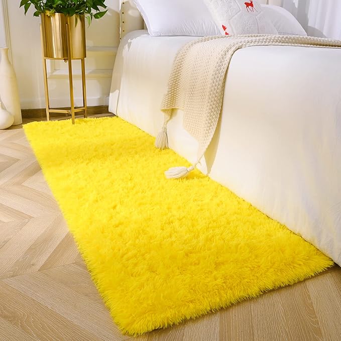 Amearea Shag Fluffy Runner Rug for Bedroom Girls Living Room, 2x6 Feet Extra Soft and Fuzzy Shaggy Rugs, Non Slip, Indoor Floor Long Carpet Mat for Boys Nursery Home Decor, Yellow