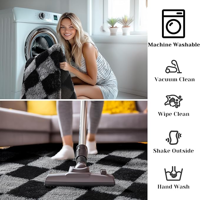 KICMOR Round Rug 4ft for Bedroom, Soft Fluffy Circle Area Rug Cute Fuzzy Shag Shaggy Small Living Room Carpet, Black and Grey Plush Checkered Circular Rug for Kids Room Nursery Home Decor Aesthetic