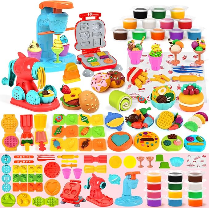 3 in 1 Dough Sets for Kids Ages 4-8, Dough Tools Kit with Ice Cream Noodle Hamburger Maker Machine, Kitchen Creations Art Crafts Food Play Toys for Boys Girls Kids Toddlers Ages 3+