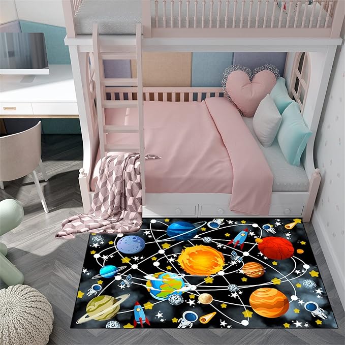 Universe Planet Area Rugs Outer Space Rugs for Boys Bedroom Educational Sofa Floor Mat Galaxy Solar System Theme Throw Rugs for Indoor Outdoor Carpets Crystal Polyester Mats Oversized, 4'5''×6'