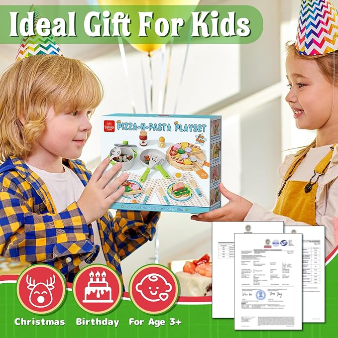 Lehoo Castle Wooden Play Food Sets for Kids Kitchen - Pizza Toy with Pot & Pan, Play Kitchen Accessories, Pretend Cutting Food, Play Dishes & Felt Pasta, Toddler Toys 3-5 Years, Gift for Boys Girls
