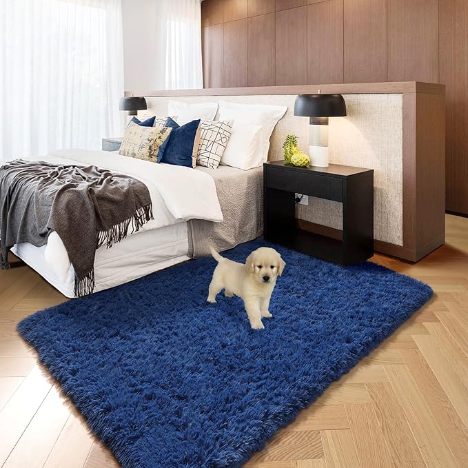 Navy Blue Rugs for Boys Bedroom, Fluffy Bedside Small Area Rug for Kids Room, Living Room Decor Aesthetic, Cute Shag Fur Throw Royal Dark Blue Carpet for Office Preppy Dorm Playroom Baby Nursery, 3x5