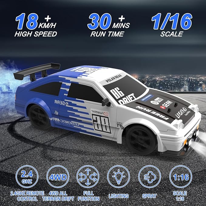 RC Drift Car Remote Control Toy Rally Sport Car 1:16 4WD 18KM/H High Speed Model Vehicle 2.4GHz 2 * 7.4V 500mAh with LED Lights Spray Rubber Tire Off-Road Vehicle Truck Hobby Toys Adults & Kids