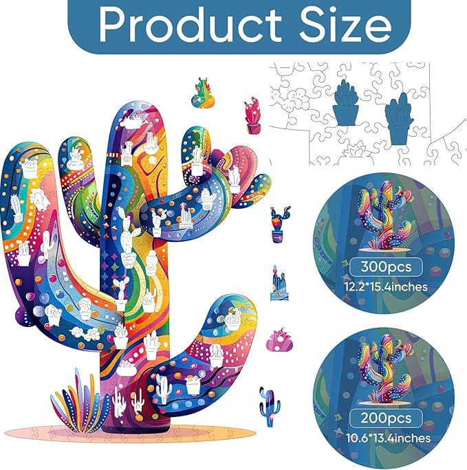 Colorful Cactus Wooden Puzzles, 300 Pieces Jigsaw Puzzles 12.2'' x15.4'', Unique Design Liberty Wooden Puzzles for Adults and Kids, Family Game Gift Royal Size