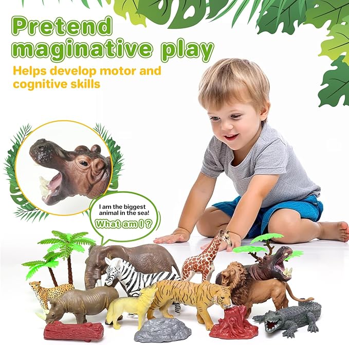 Safari Zoo Animals Figures Toys for Kids 3-5,Realistic Animal Figurines Playset with Fence for Toddlers, 22 PCS African Wild Jungle Plastic Toy Gift Set for Boys and Girls
