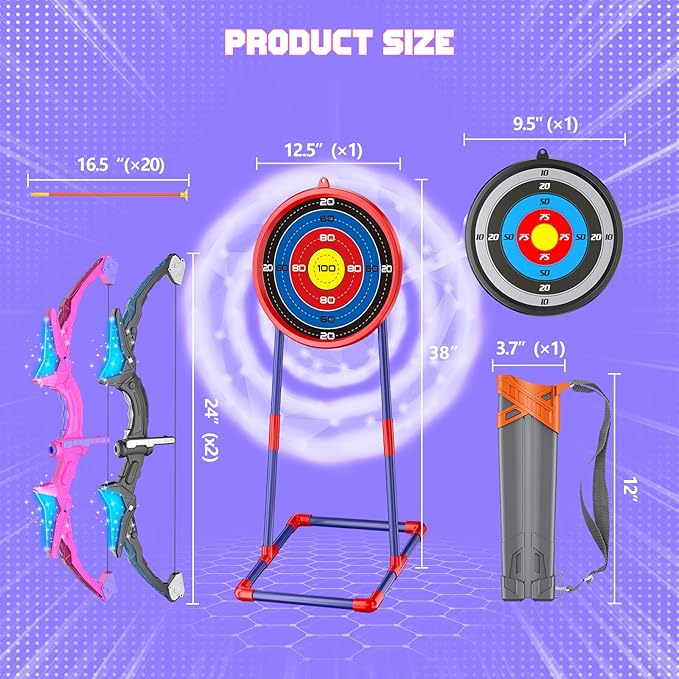 2 Pack Kids Bow and Arrow, 20 Suction Cup Arrows, 2 Archery Targets&Quiver, Light-up Set for Kids Ages 4-8 8-12, Indoor Outdoor Toys for Boys Girls, (Black & Pink