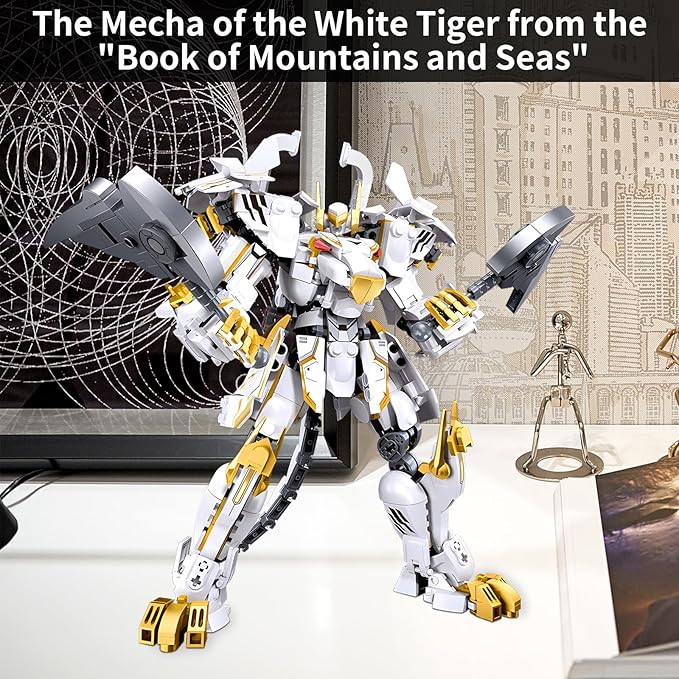 White Tiger Samurai mech Robot Model with Double Axe Head Building Blocks Toy Set Mythical Birthday for Age 8+ Children Adults Teens 679 Pieces