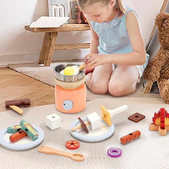 Wooden Camping Toys, Pretend Play Toys Campfire with Kids Grill Playset, 25pcs Kids Play Food Toy Set, Outdoor Play Toys for Toddler Boys and Girls Ages 3+