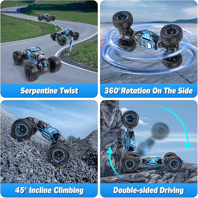 Powerextra Gesture Sensing RC Car, 1:16 Scale Outdoor Remote Control 4WD Stunt Car, Double Side All Terrains Toy with Two Batteries, 50+ Mins Play Time for Kids & Boys