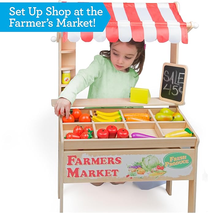 Wooden Farmers Market Stand Toy- 30+ Food PCs Include Fruit Veggies Chalkboard & Cash Register- Pretend Role Play, Fun Indoor Natural Wood Grocery Set- Playroom Daycare Activity Center- Kids Gift