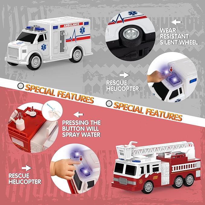 COVTOY 4 Pack Emergency Vehicles with Lights & Siren Sounds - Fire Truck, Ambulance, Police Car & Helicopter - Friction Powered Toys for Boys 3-6