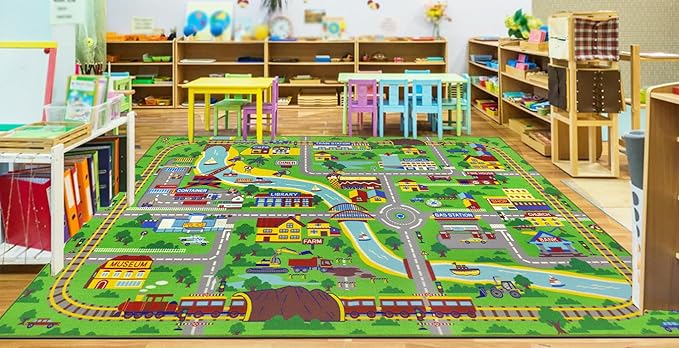 Capslpad Kids Rug 6'6" x 9'8" Educational Learning Kid Play Area Rug Large Traffic Road Cars Rug Play Mat for Kids Toy Nursery Rug Car Carpet for Playroom Living Room Classroom Decor Green