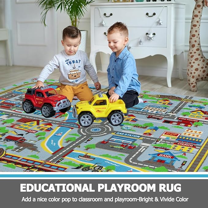 Capslpad Kids Rug 6'6" x 5'0" Educational Learning Kids Play Area Rug Large Traffic Road Cars Rug Play Mat for Kid Toy Nursery Rug Kid Car Carpet for Playroom Living Room Classroom Decor, Sky Blue