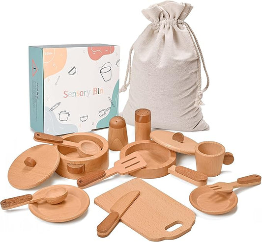 Play Kitchen Accessories Montessori Wooden Toys Kids Kitchen Set Cookware Plates Dishes Pots Pans Cooking Playset 15 Pieces Sensory Toys for Toddlers Girls Boys With Storage Bag