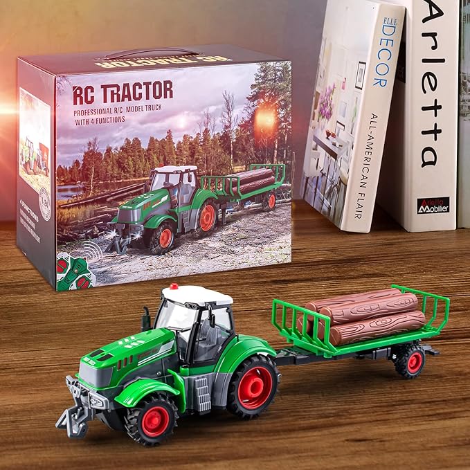Gift for 5 Year Old boy Kids Remote Control Truck Toddler Farm Toys for Boys Age 4-7 Kids Remote Control Tractor for Boys 4-7 1/24 Scale Log Trailer