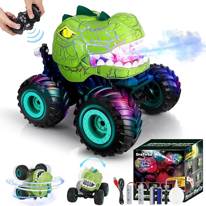 Remote Control Car for Boys Age 4-7 8-12, 50min+ Runtime Dinosaur Monster Truck Toy with Spray, Light, Music, 360 Rotating, 90 Driving, All Terrain Dinosaur Toy for Kid Birthday Gift