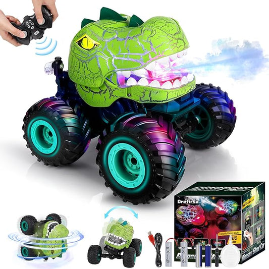Remote Control Car for Boys Age 4-7 8-12, 50min+ Runtime Dinosaur Monster Truck Toy with Spray, Light, Music, 360 Rotating, 90 Driving, All Terrain Dinosaur Toy for Kid Birthday Gift