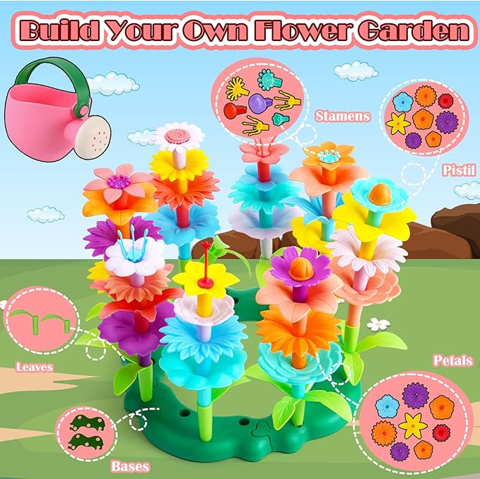 FUNZBO Flower Garden Building Toys Set - Birthday Gifts for Age 2 3 4 5 6 Years Old Girl, STEM Montessori Educational Toy for Toddler Kid, Sorting & Stacking Spring Gardening Set for Birathday Gift