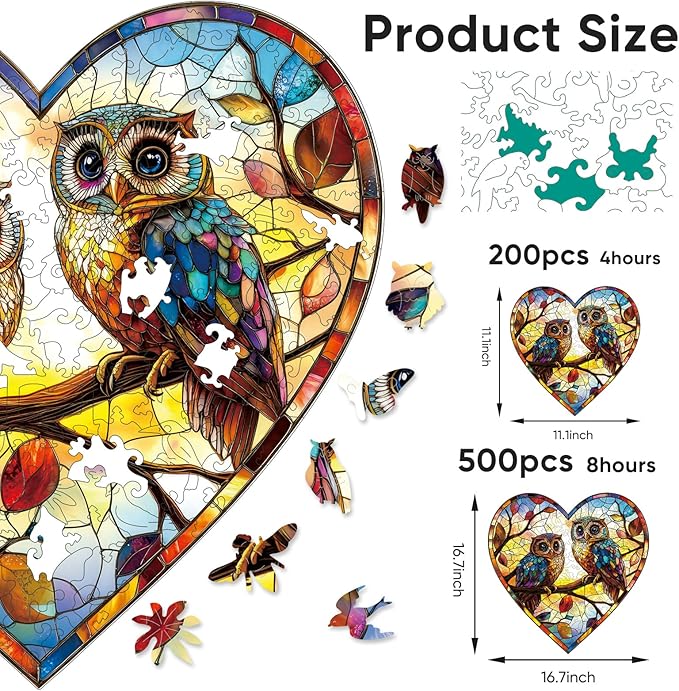 Stained Glass Heart Owls 500 Pieces Wooden Puzzles for Adults Unique Irregular Shape Fun Challenging Birds Puzzles for Kids and Couples on Birthday,Mother’s Day,Christmas 16.7"x16.5"