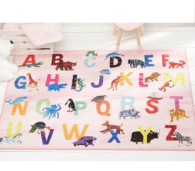 Eric Carle Elementary Pink Alphabet Kids Machine Washable Area Rug Pink/Blue, 4'11"x6'6"