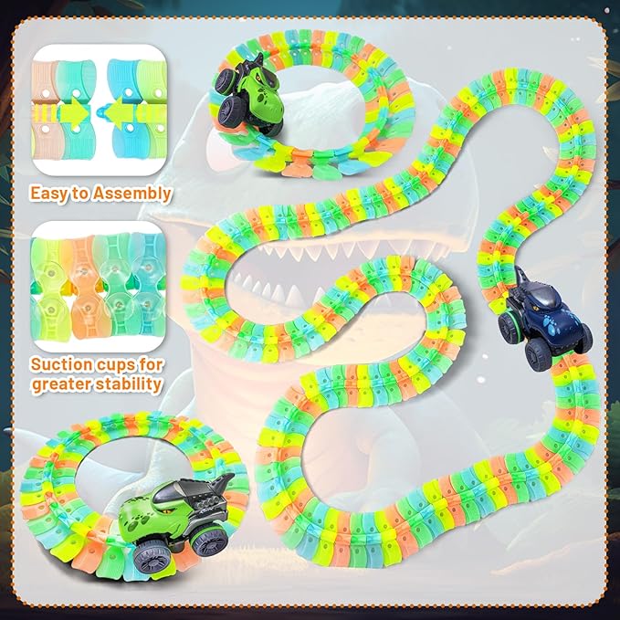 APEO Dinosaur Train Set for Kids Ages 4-8 Dinosaur Toys for Kids 3-5 Race Tracks for Kids Ages 3-5 Contains Glow Race Tracks and LED Toy Cars Car Tracks Gifts for 4 Year Old Boys