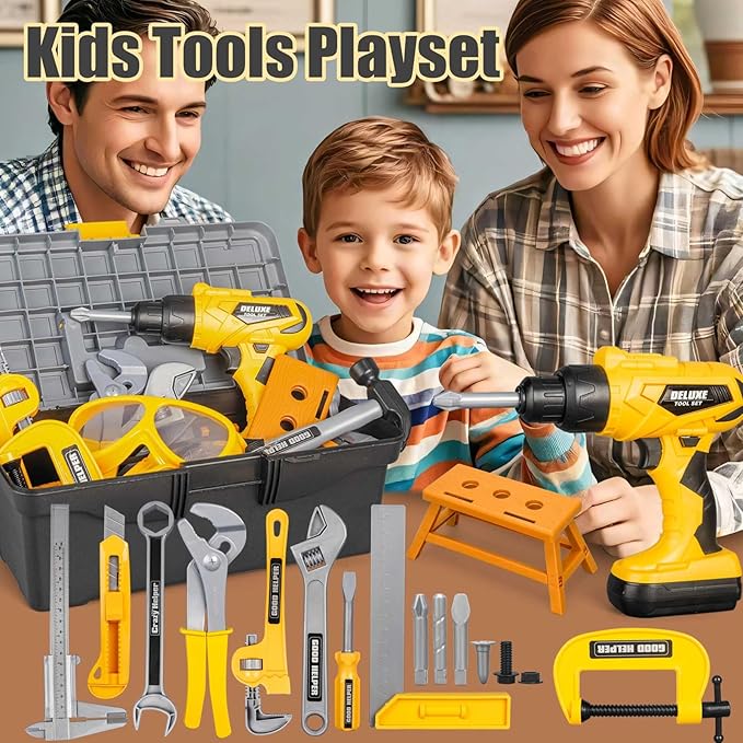 Zealous 48pcs Kids Tool Set with Tool Box & Electronic Toy Drill, Pretend Play Kids Construction Kits for Kids Ages 3-5 Years Old, Toddler Boy Toys (Yellow)