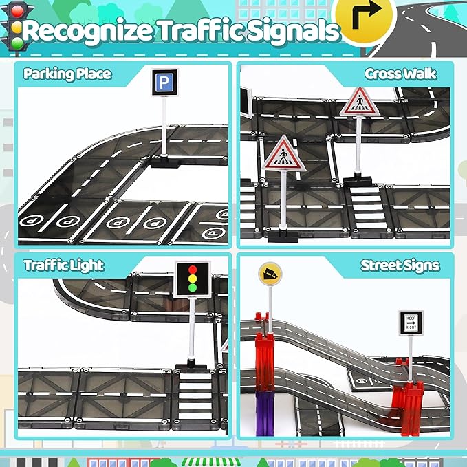 Playmags Magnetic Tiles Road Set for Kids - 130-Pieces Magnet Building Blocks Toy - Durable Creative STEM Learning Toys with Curved & Straight Car Race Track for Kids Ages 3+