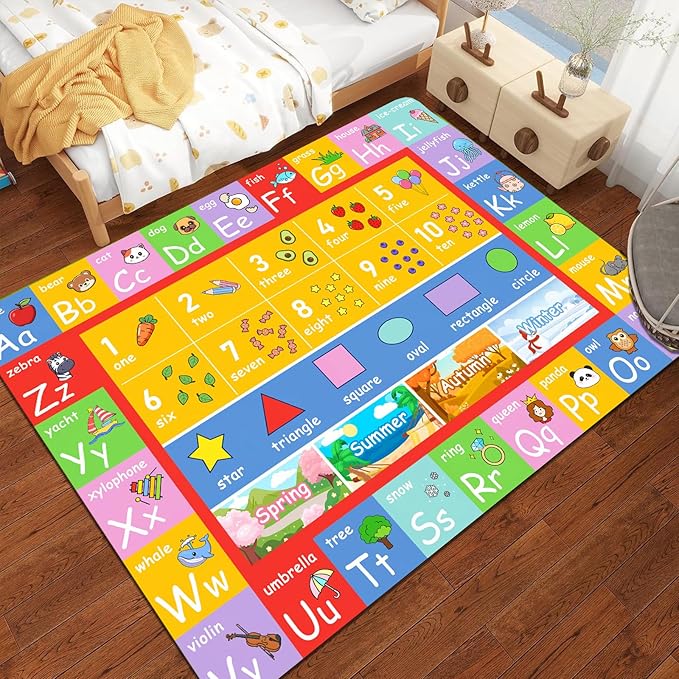 3x5 Alphabet Kids Play Rug for Playroom, Summer Non Slip Educational Rugs Learning Numbers Mat for Boys Girls, Preschool ABC Baby Floor Mats for Classroom Kids Room Toddlers Nursery Carpets