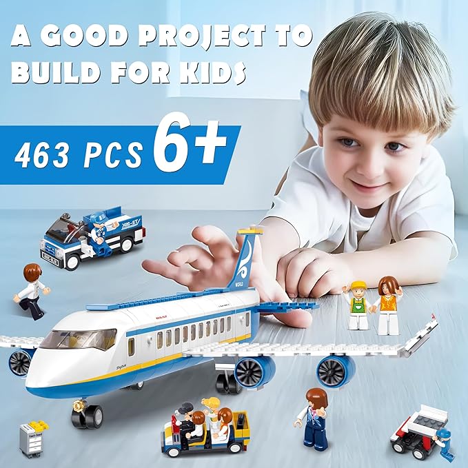 City Passenger Airplane Building Set, 4 in 1 STEM Toy with a Large Plane, Passenger Bus, Luggage Truck, Container Loader, and 7 Minifigures, Compatible with Lego Plane, Airport Gift for Boy 6+