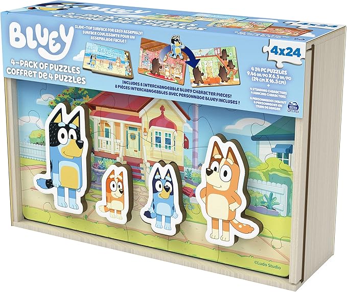 Spin Master Games, Bluey Puzzles 4-Pack, Wooden Jigsaw Puzzles for Preschoolers, 24 Pieces Each, Interchangeable Pieces, Bluey Birthday Gifts, for Kids Ages 3 & Up