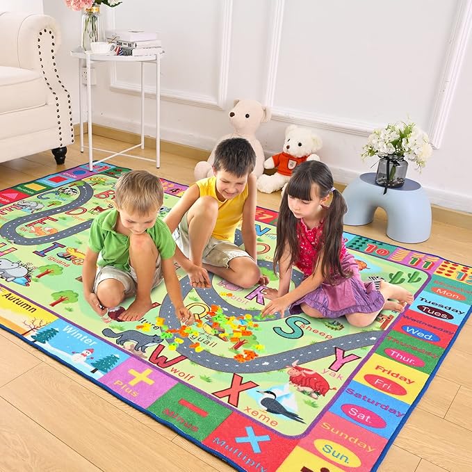Terrug Kids Rug for Playroom & Classroom, Washable Nursery Carpet, Non-Slip Play Mat, Learning ABC, Numbers, Animals, Colors, Seasons, 4x6 Feet