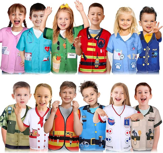 Jiuguva 12 Pcs Kids Role Play Costume Dress up Clothes Cosplay for Kids Community Helper Career Costumes Doctor Construction Workers Fireman Police Career Day Pretend Play