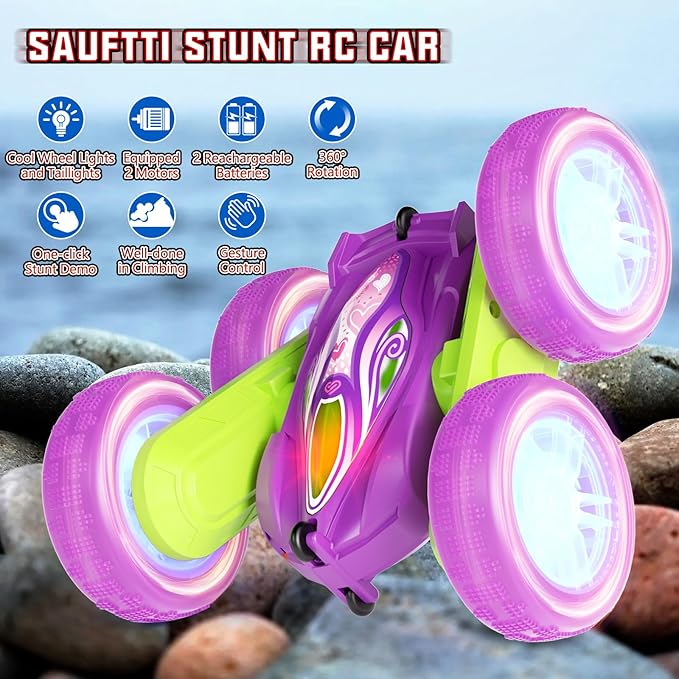 Remote Control Car Toys for Boys & Girls, 4WD Gesture RC Stunt Cars, High Speed RC Truck with Double Sided 360 Flips and Headlights Wheel Lights, Off-Road Stunt Car Toys for Kids 6-12 yr (Purple)