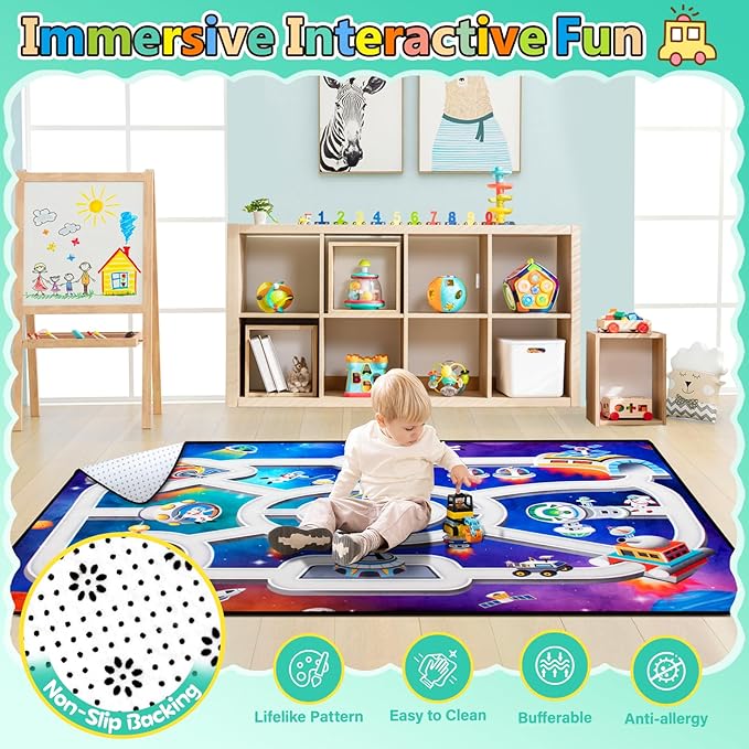 Kids Rug, Space Playmat Rugs,5x7 Ft Playroom Carpet, Colorful Cartoon Outer Space, Planet, Rocket, Spaceship Road Rug for Playroom, Educational Learning Carpet for Kids
