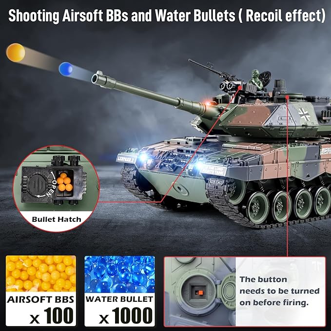 1:18 RC Tank, 2.4Ghz German Leopard II Remote Control Model Toys, Battle Army Tank 15 Channel with Smoke Light and Sound, Military Toy for Adults and Kids That Shoots BBS and Water Bombs