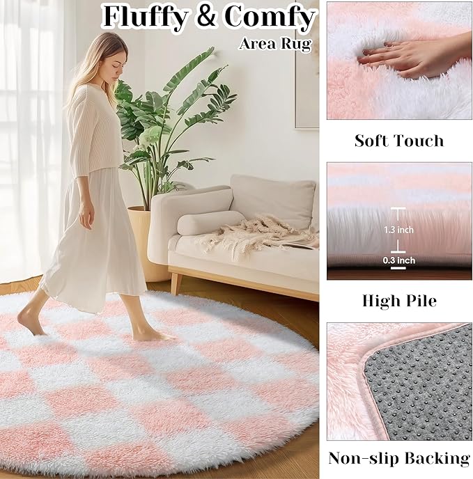 KICMOR Pink Round Rug 4ft for Girls Bedroom, Fluffy Soft Circle Area Rug Cute Small Living Room Carpet, Indoor Fuzzy Shag Shaggy Checkered Circular Rugs for Kids Room Nursery Home Decor Aesthetic
