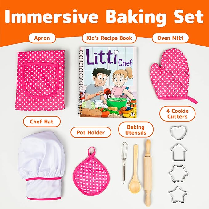 Kids Cooking and Baking Chef Set for Little Girls, Complete Cooking Sets, Toddler Dress Up and Pretend Play Dress Up Clothes for Girls, Kitchen Toys 3-5 Years Old with Kids Aprons