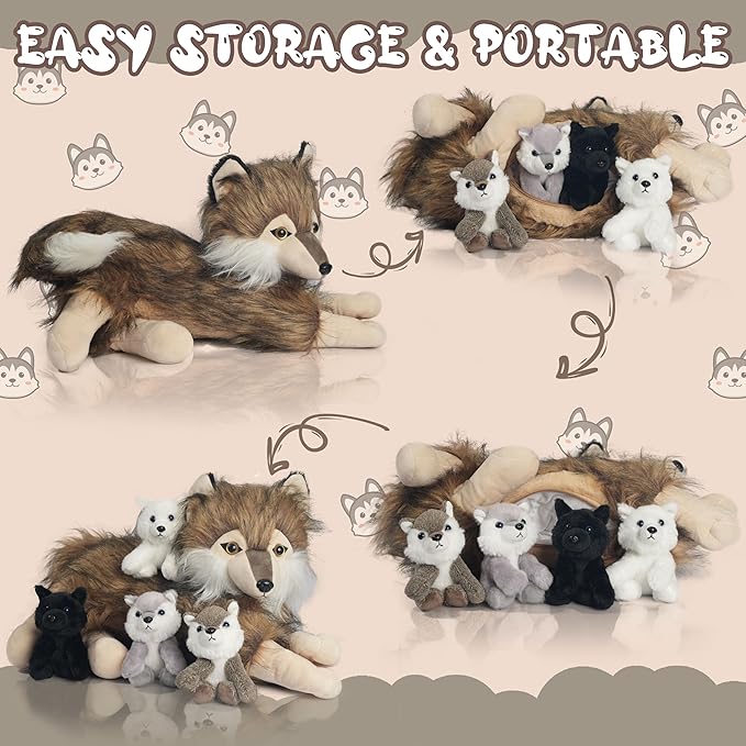 5 Pcs Wolf Stuffed Animal Plush Set 16 Inch Mommy Stuffed Wolf Plush with 4 Baby Wolves in Zipper Pouch, Soft Wolf Plushies for Kids Boys Girls Birthday Party Decoration