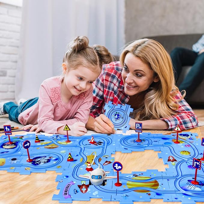 4 Year Old Boy Birthday Gift, Puzzle Racer Kids Car Track Set Puzzle Racer Car Track Set with Roadmap Puzzle Track Car Play Set Toys for 4 Year Old Boys (A-Space, Set1-25pcs)