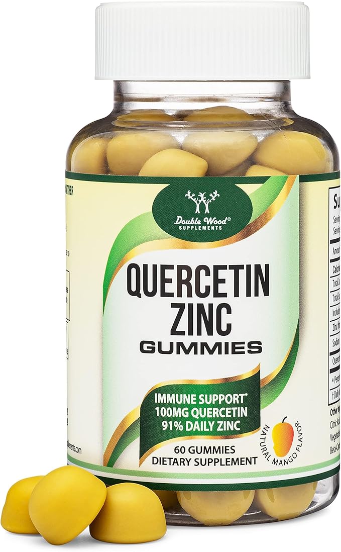 Quercetin Gummies with Zinc (100mg of Quercetin and 91% Daily Zinc per Serving) 60 Mango Flavored Chewable Immune Support Gummies for Adults and Kids (Non-GMO and Gluten Free) by Double Wood