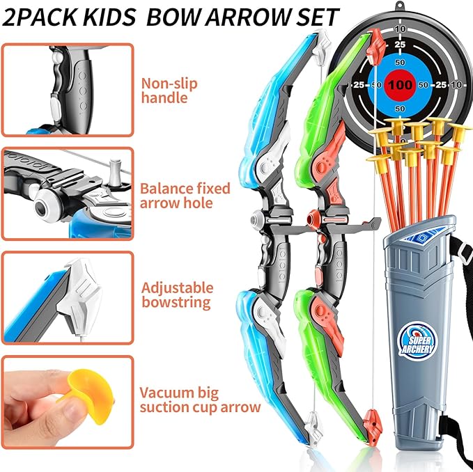 2 Pack Set Bow and Arrow Archery Toy for Kids, LED Light Up with 20 Suction Cup Arrows Target & Quiver, Outdoor Toys Kids Boys Girls Ages 3-12 Years Old