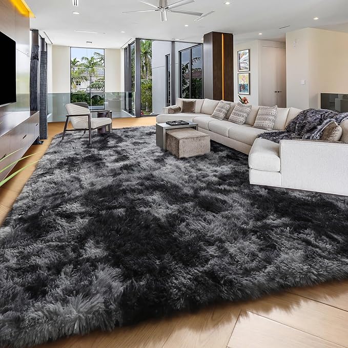 PAGISOFE Area Rugs 9x12 Living Room, Machine Washable Dark Grey Shag Rugs for Bedroom, Extra Large Thick Gray Fluffy Nursery Carpet Boys Girls Dorm Pastel Rugs for Kids Room Home Decor Aesthetic