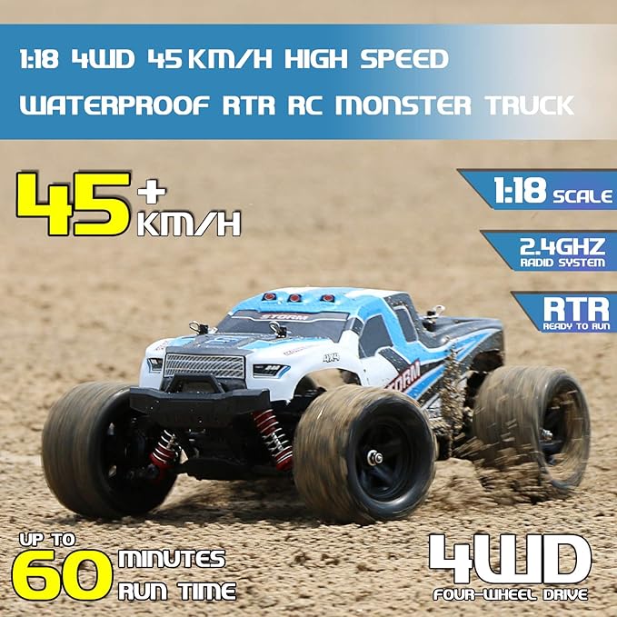 Remote Control Truck for Boys 45KM/H 1:18 Scale RC Truck 4WD All Terrain Off Road Fast RC Car with 2 Rechargeable1200mAh Batteries for 60 Min Run Time, 2.4Ghz Remote Control Car Gift for Adults Girls