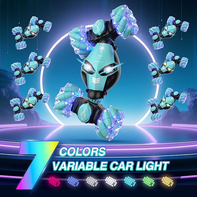 Powerextra LED Gesture RC Car, 4WD Hand Controlled Sensor RC Stunt Car for Age 8+ Year Old Boys & Girls, Double Sided 360° Flips Off Road Remote Control Vehicle Toy with Lights & Music, Sensing Toy