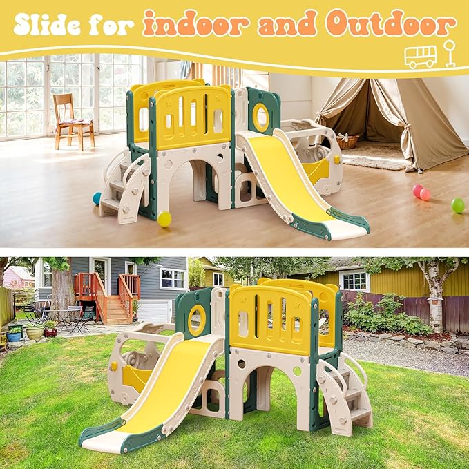 Toddler Slide Kids Slide Playset for Babies Bus Themed Toddler Playground with Climber Baskteball Hoop Indoor Playground Outdoor