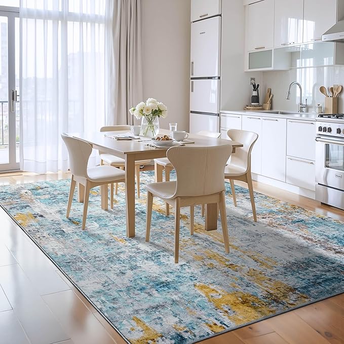 Ompaa Living Room Rug 5x7 Blue Area Rug Machine Washable Boho Rug Non Slip Abstract Vintage Indoor Large Rugs for Bedroom, Classroom, College Dorm, Farmhouse, Dining Room, Kids Playroom