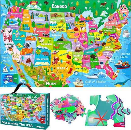 QUOKKA Giant Floor Puzzle for Kids Ages 4-6 – 2x3 Feet Extra-Thick 48 Pieces Toddler Puzzle Ages 3-5 – USA Map Educational Activity for Boys Girls – Premium Box with Sturdy Handle & Magnetic Closure