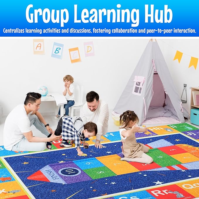 Hudson Comfort Classroom Rug 9x12 - Rugs for Elementary, Daycare, Nursery, and Playroom - Super Soft Non-Slip Carpet - Kids Fun Floor Mat for Playtime (Rocket)